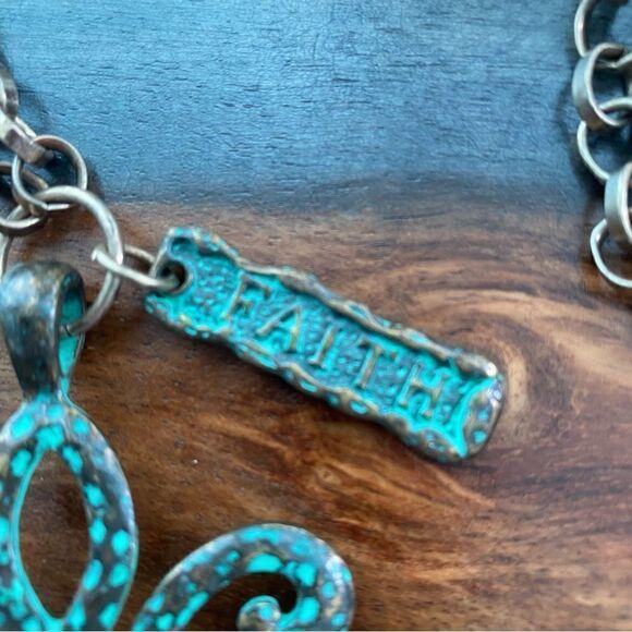 Green Patina Pendant Floral Faith Necklace Gold Finish Chain - Picture 4 of 9